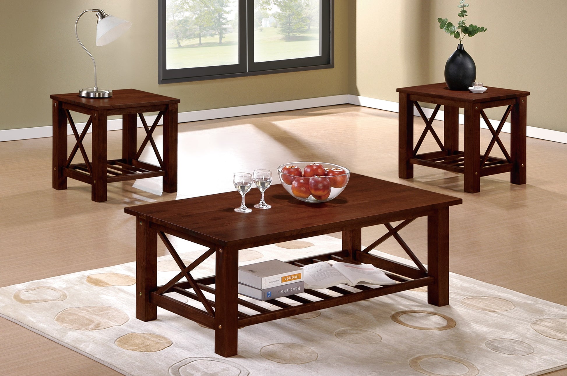 Modern Cherry Rubberwood 3Pc Tables Set 1X Coffee Table And 2X End Tables Mdf W Ogumi Veneer Top Living Room Furniture Cherry Primary Living Space Classic,Modern,Transitional Rectangular Rubber