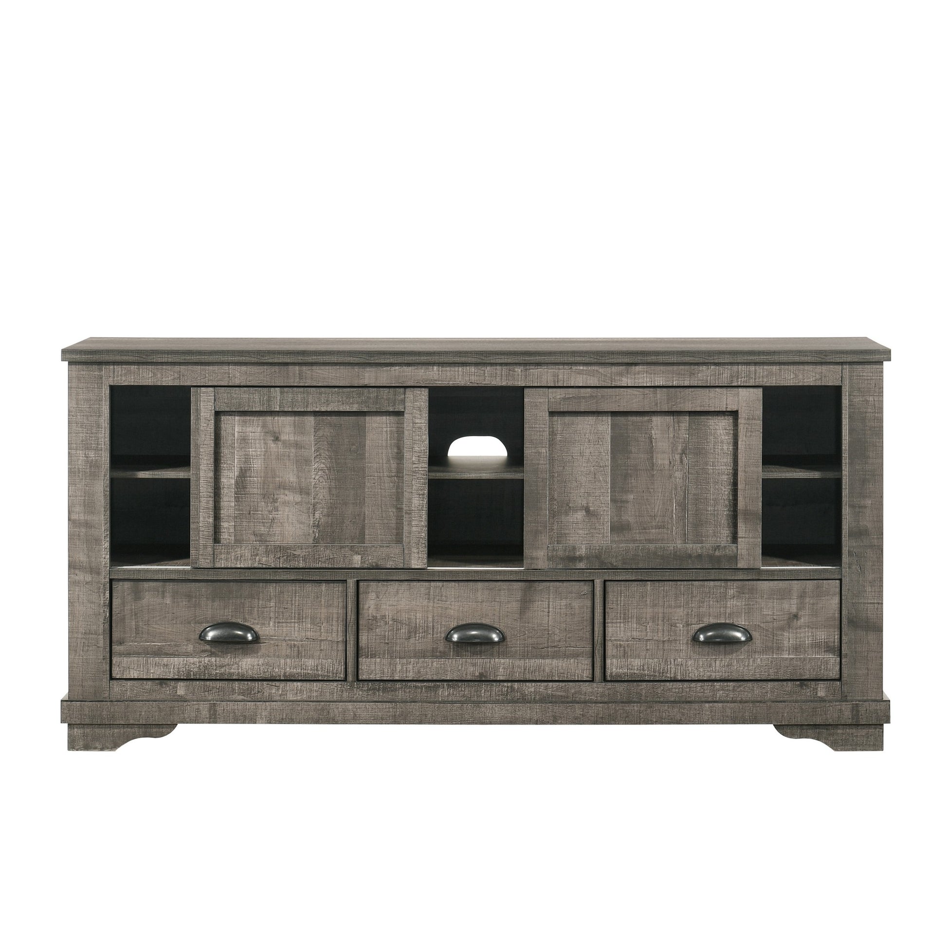 63 Inch Tv Entertainment Console, 2 Cabinets And Shelves, 3 Drawers, Gray Gray Wood Metal