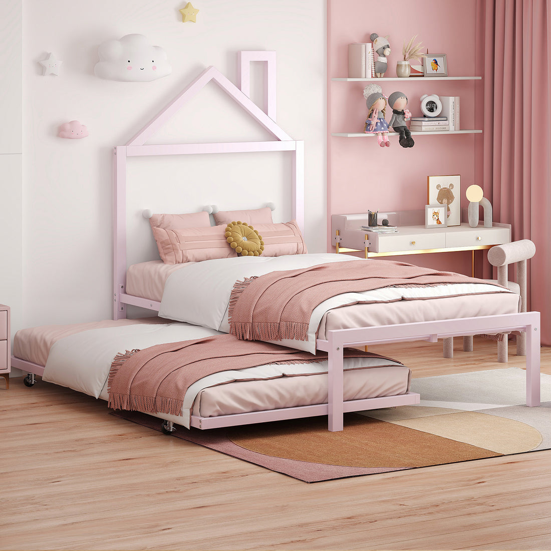 Twin Size Metal Platform Bed With Twin Size Trundle,House Shaped Headboard Design, Pink Twin Pink Metal