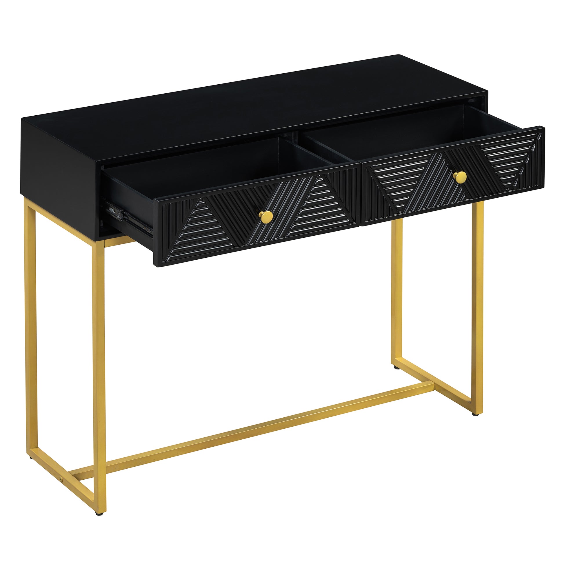 Modern Sleek Console Table Two Drawers With Stripe Design For Living Room And Entryway Black Black Mdf