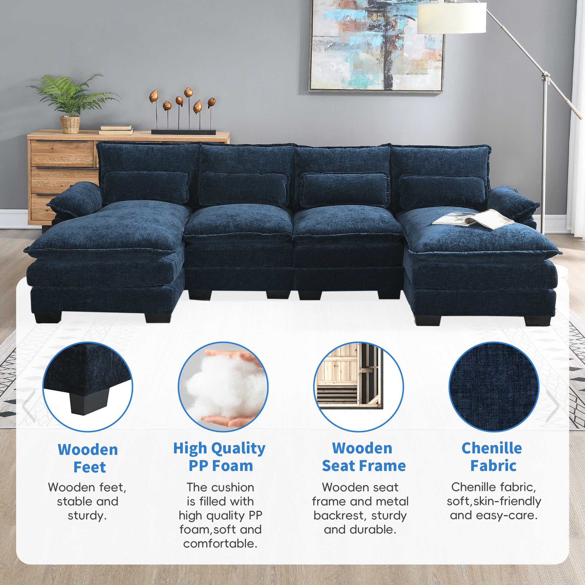 110*55" Modern U Shaped Sectional Sofa With Waist Pillows,6 Seat Upholstered Symmetrical Sofa Furniture,Sleeper Sofa Couch With Chaise Lounge For Living Room,Apartment,5 Color Blue Chenille 6 Seat