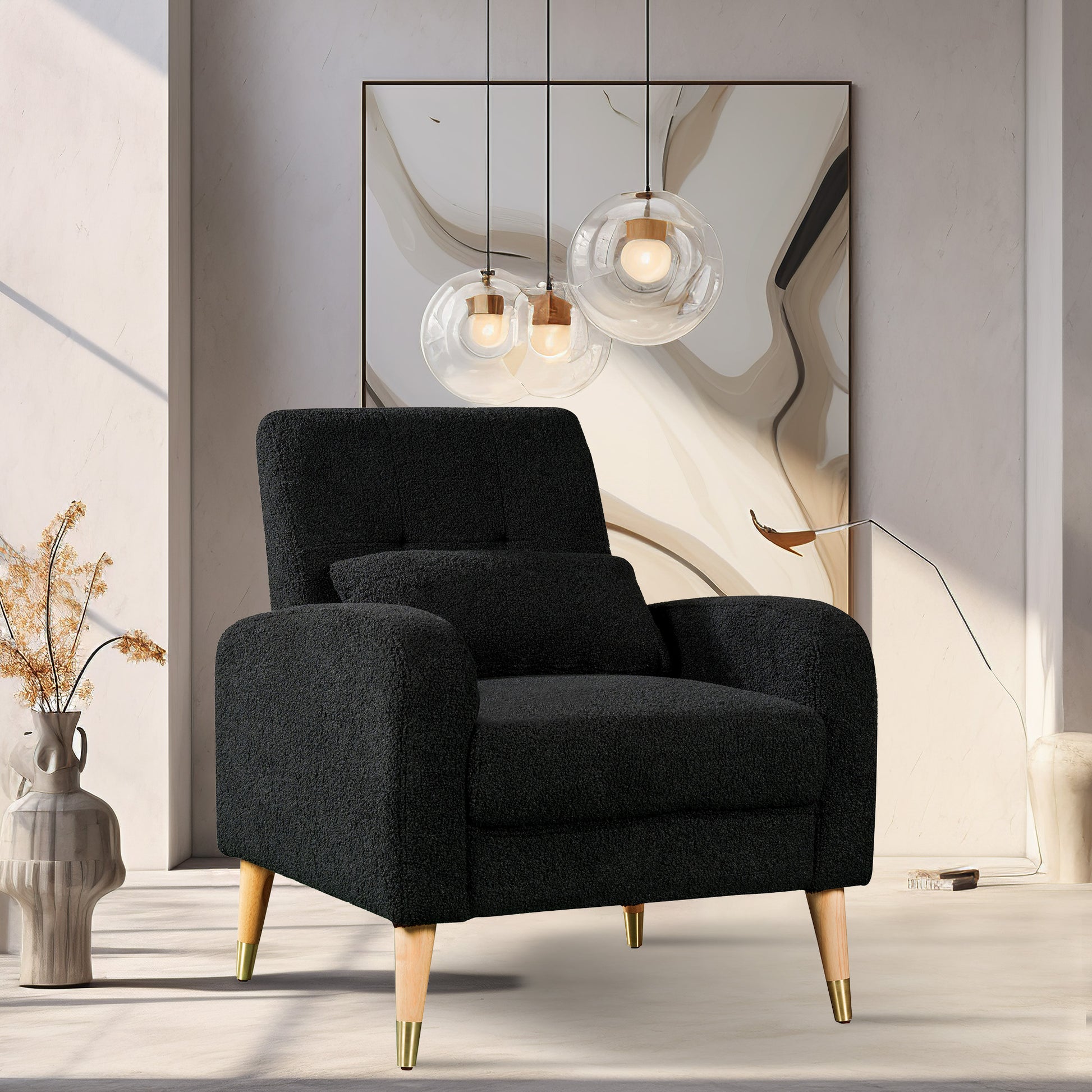 Mid Century Modern Accent Chair, Upholstered Armchair Living Room Chair, Comfy Single Sofa Chair With Metal Legs, Polyester Fabric Chair For Living Room Bedroom Black Sherpa
