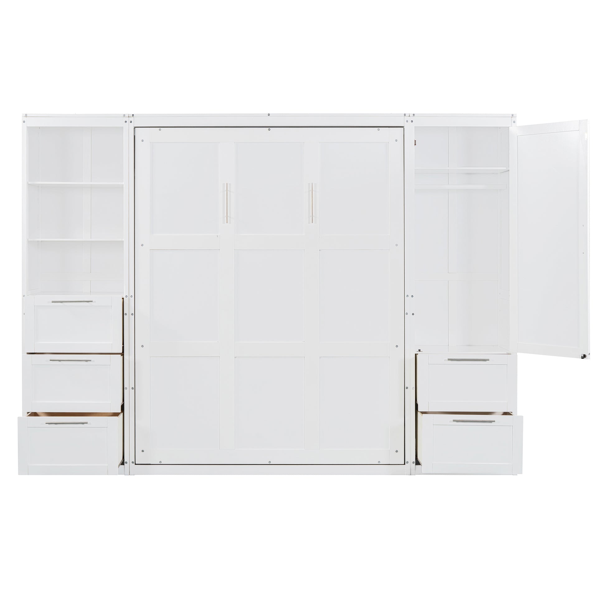 Queen Size Murphy Bed Wall Bed With Closet ,Drawers And Shelves,White Queen White Mdf Lvl