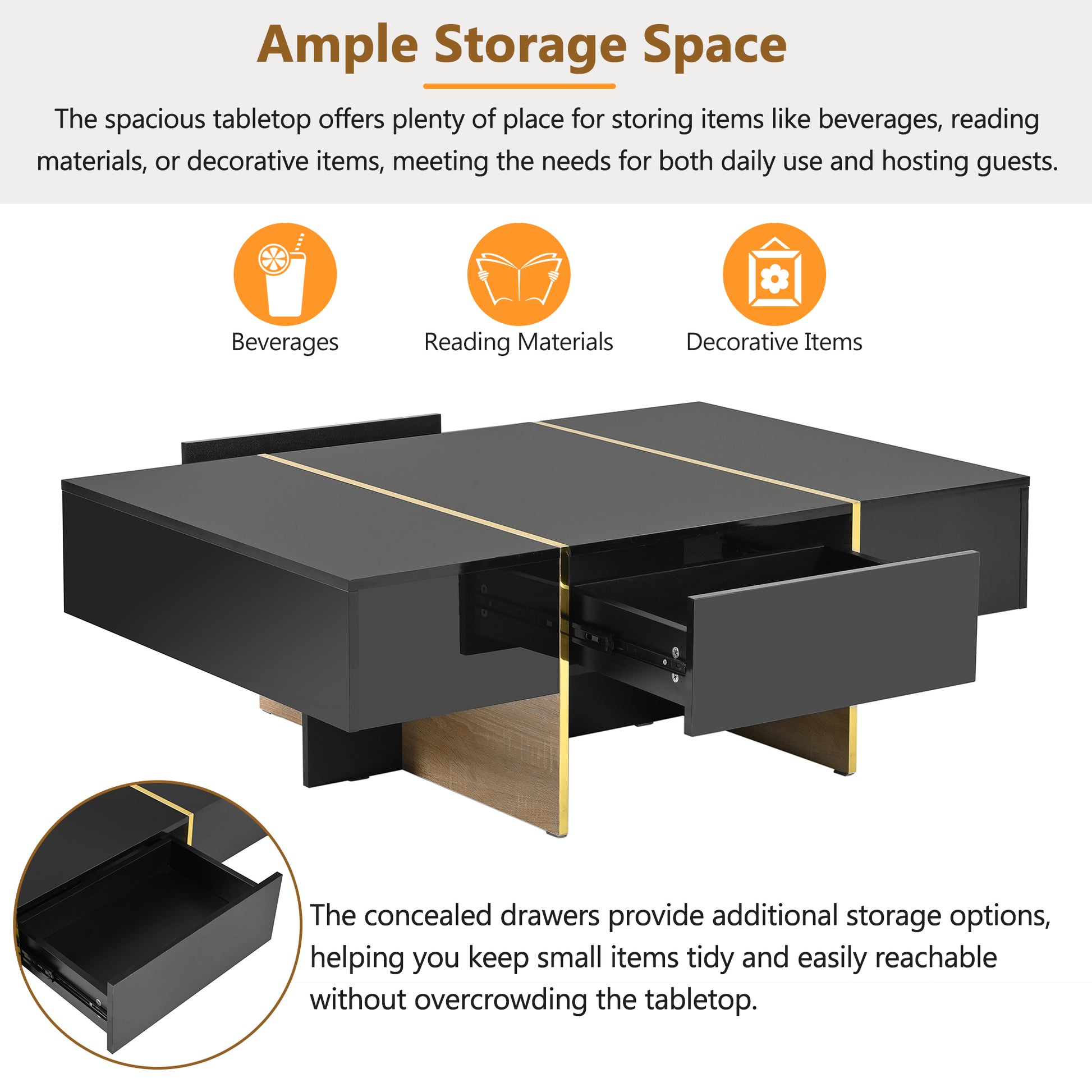 47.2'' X 31.4''Minimalist High Gloss Coffee Table With 2 Drawers, Multi Storage Rectangle Sofa Table With Golden Wood Grain Legs, Modern Center Table For Living Room, Black Black Particle Board Mdf