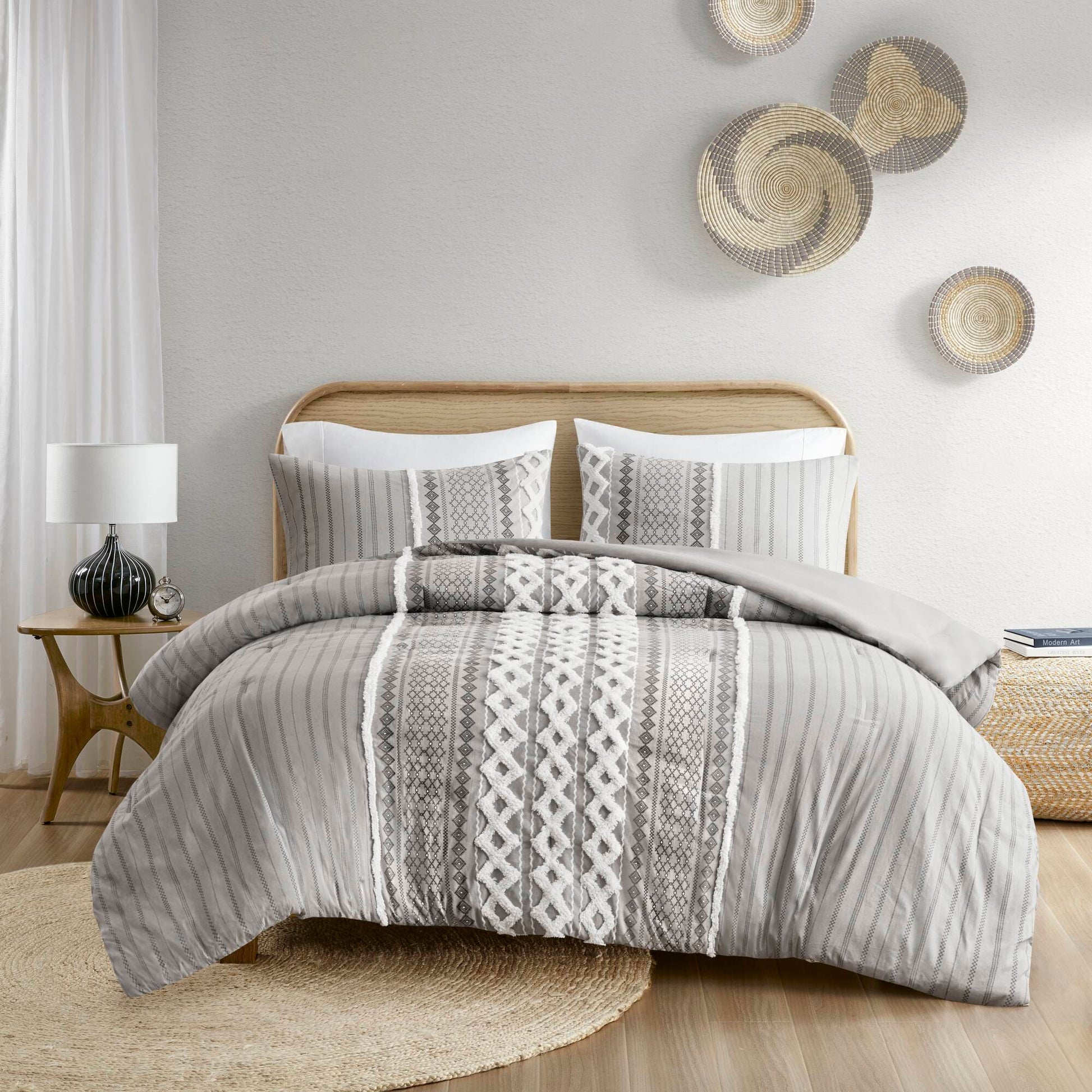 Cotton Printed Comforter Set With Chenille Gray Full Queen Queen Gray Cotton