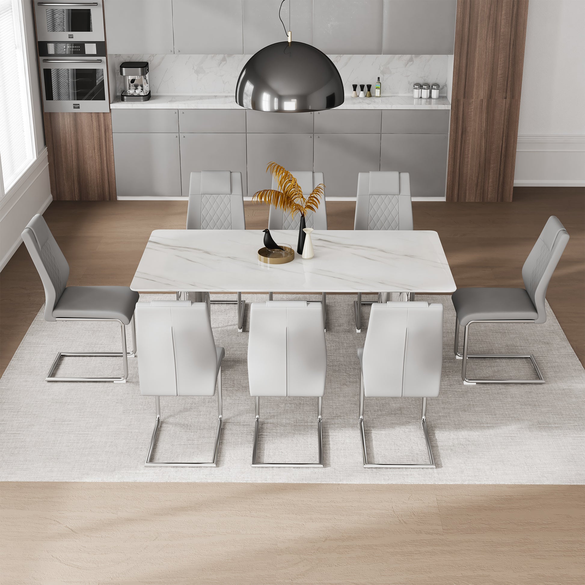 Table And Chair Set, Modern And Minimalist Dining Table. Imitation Marble Glass Sticker Desktop, Stainless Steel Legs, Stable And Beautiful. Comfortable Pu Seats. Dt 69 Silver Glass