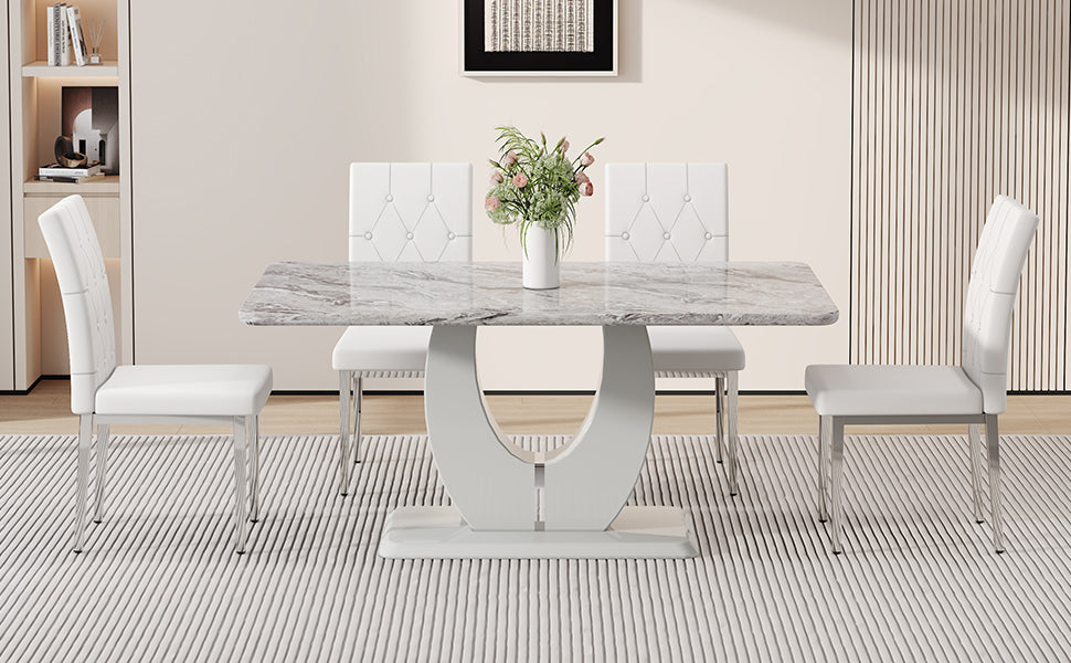 Table And Chair Set, Modern Minimalist Marble Textured Rectangular Dining Table. Suitable For Restaurants And Living Rooms. Soft Cushion Seats.F 1280 Gray Mdf