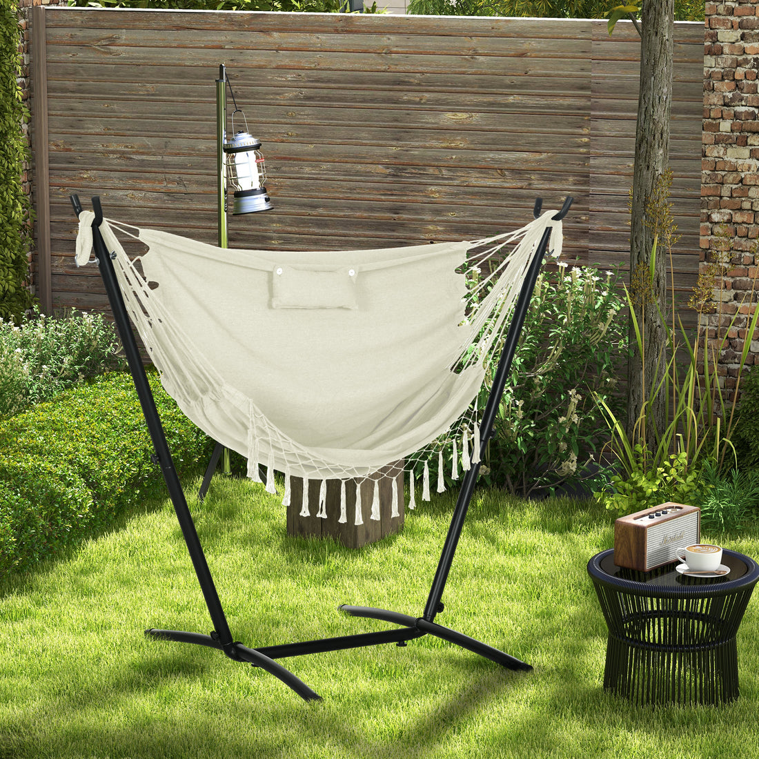 Outsunny Patio Hammock Chair With Stand, Outdoor Hammock Swing Hanging Lounge Chair With Side Pocket And Headrest, Cream White White Steel
