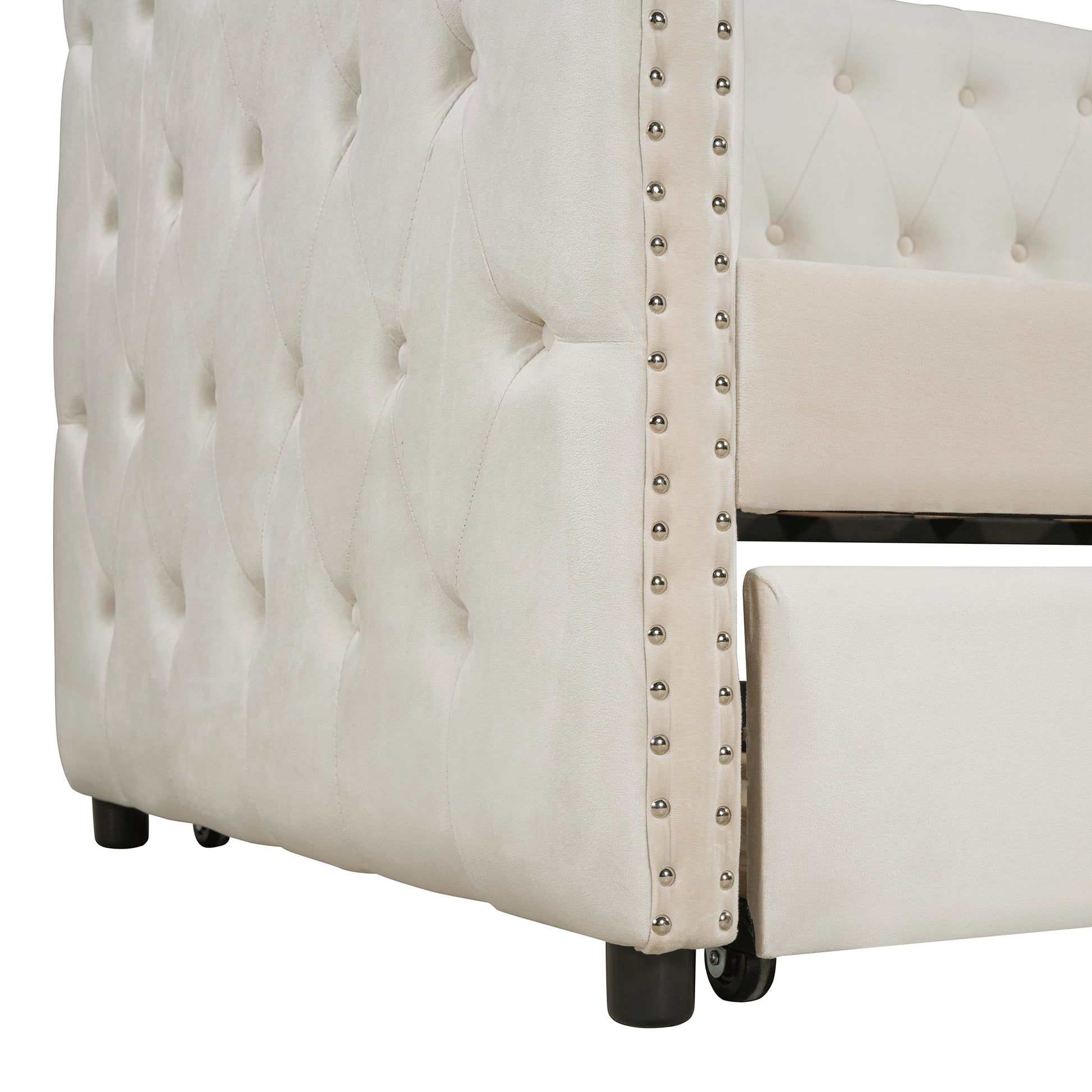 Twin Size Tufted Upholstered Daybed With Trundle, Velvet Sofabed With Rivet Design, No Box Spring Needed,Beige Twin Beige Velvet