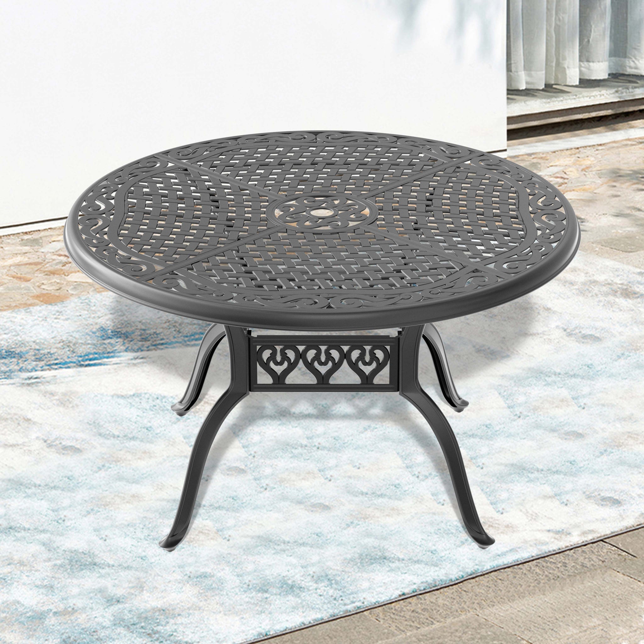 48 inch black iron patio table with umbrella hole 48 Inch Cast Aluminum Patio Dining Table With Black Frame And Umbrella Hole Dining Set Black Rust Resistant Frame Garden & Outdoor Complete Patio Sets