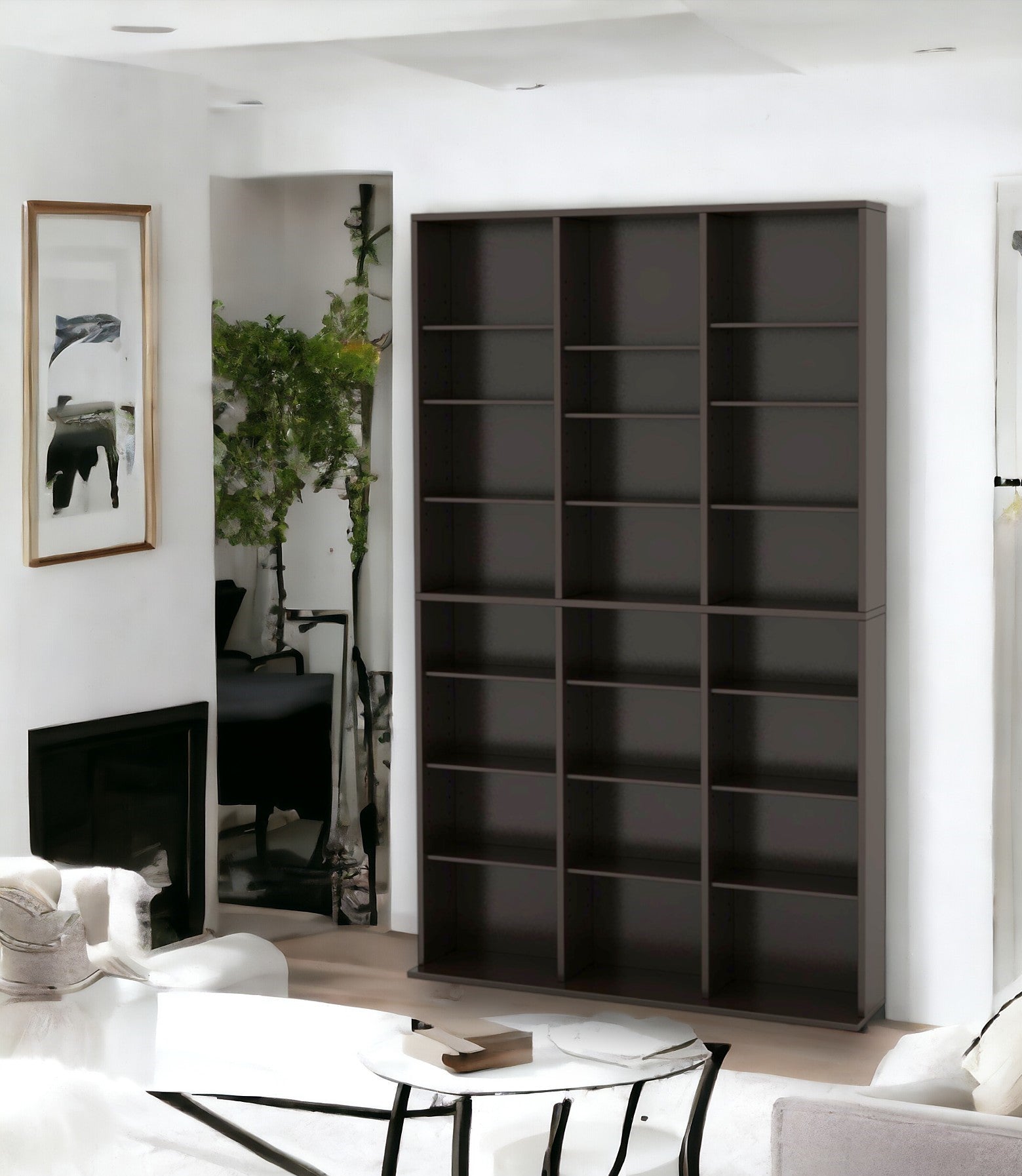 Media Shelving Unit, 6 Fixed Shelves, 30 Adjustable Shelves, Wide Base For Stability In Espresso Brown Black Brown Particle Board