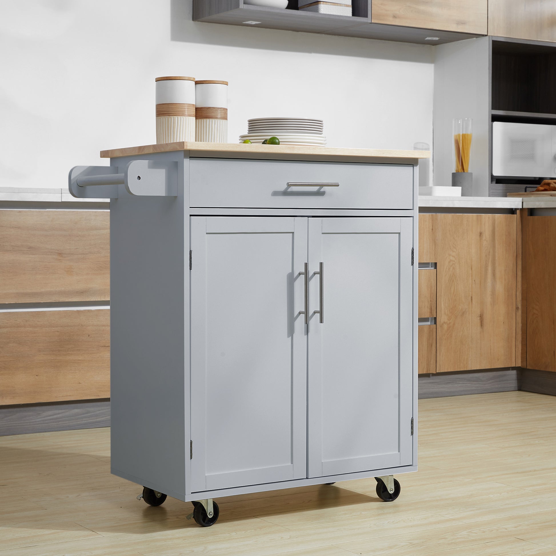 Homcom Kitchen Island Cart Rolling Trolley Cart With Drawer, Storage Cabinet & Towel Rack, Gray Grey Rubber Wood