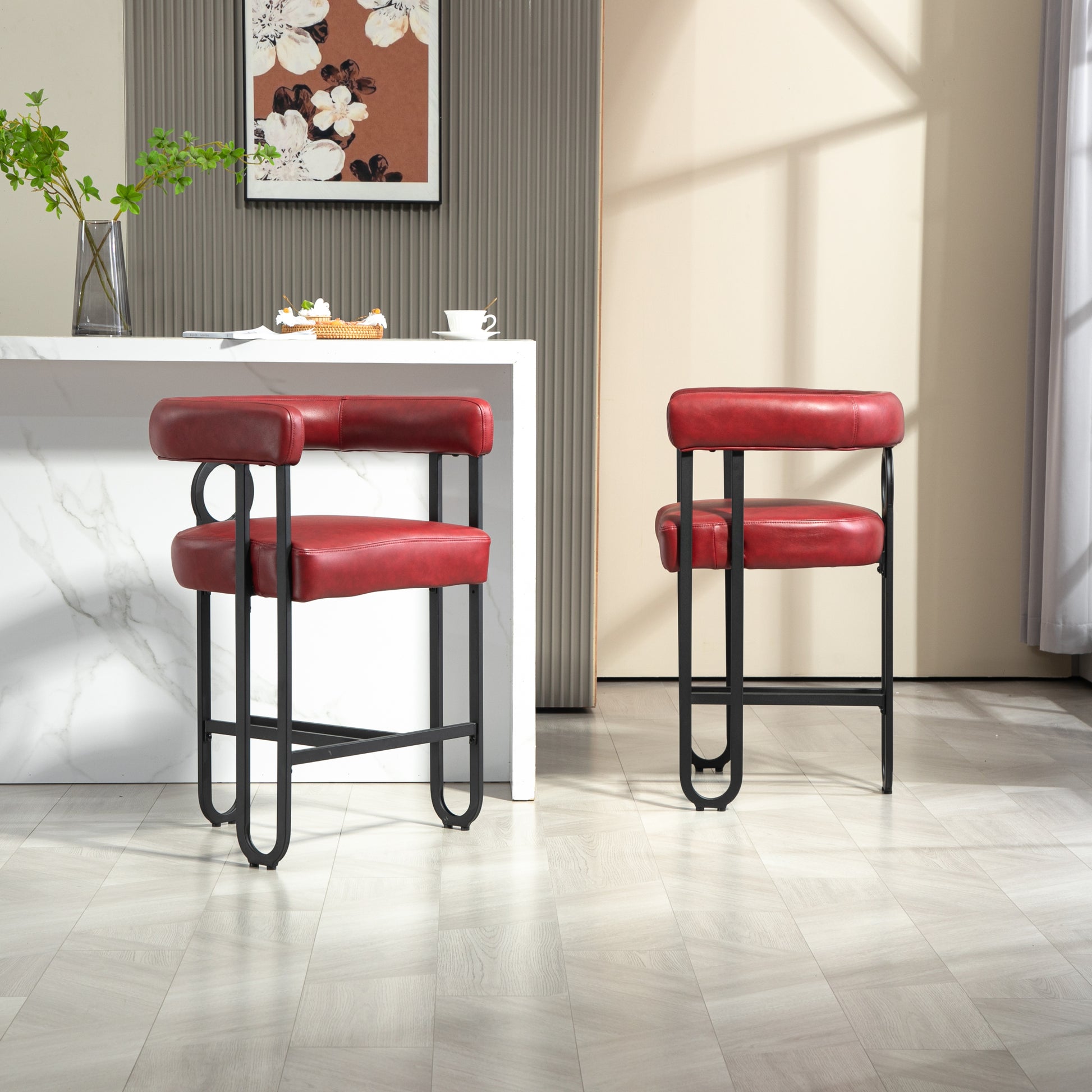 Coolmore Bar Stools Set Of 2, Modern Bar Stool With Back, Black Metal Frames, Upholstered Bar Stools For Kitchen Island, Pub, Club Wine Red Pu Wine Red Dining Room Foam Pu Leather