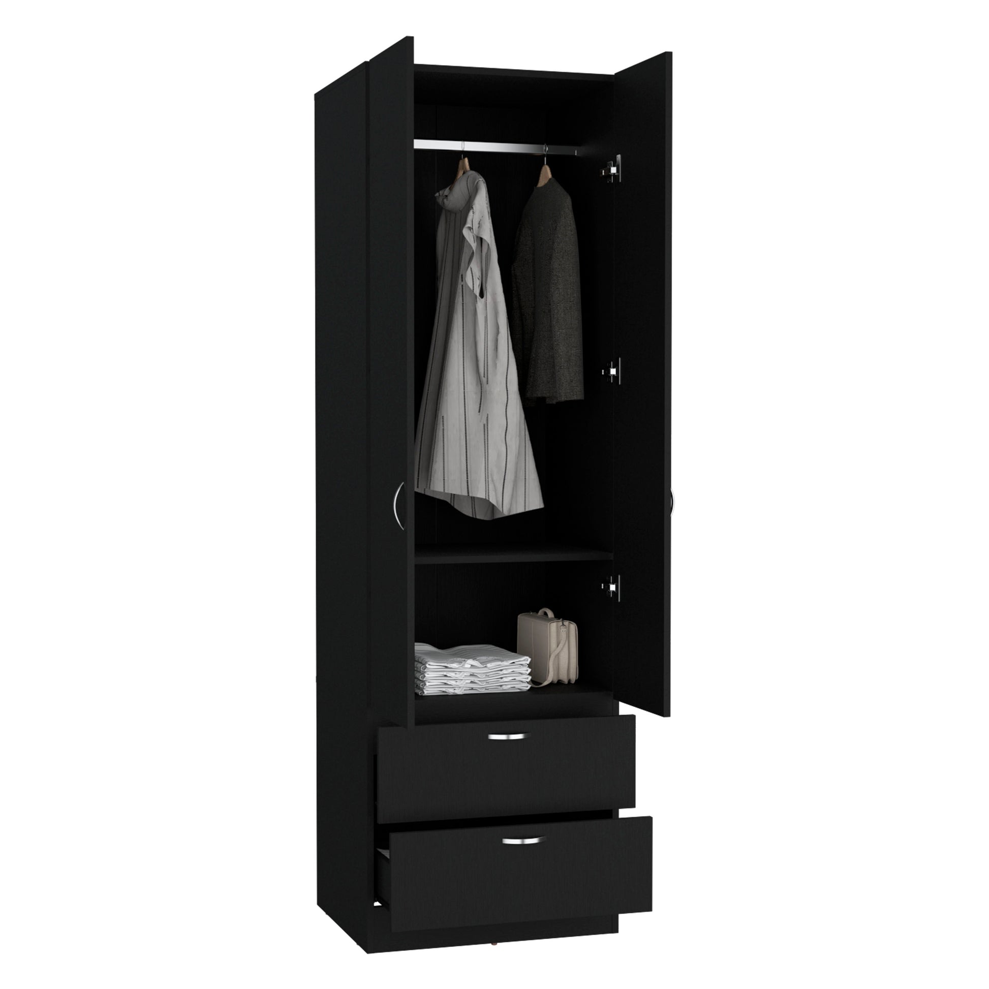 Vico 76" High Armoire Wardrove Closet With 2 Drawers, Double Door Cabinetone Shelf And Hanging Rod, Bedroom Clothes Storage Cabinet Organizer Black Bedroom Modern Particle Board Engineered Wood