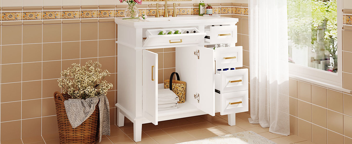 36 Inch Bathroom Vanity With Resin Sink, Modern Bathroom Cabinet In White,Featuring Two Soft Close Doors And Four Drawers White Bathroom Solid Wood Mdf Resin