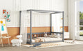 Twin Size Canopy Frame Floor Bed With Fence, Guardrails,Grey Twin Grey American Design Pine