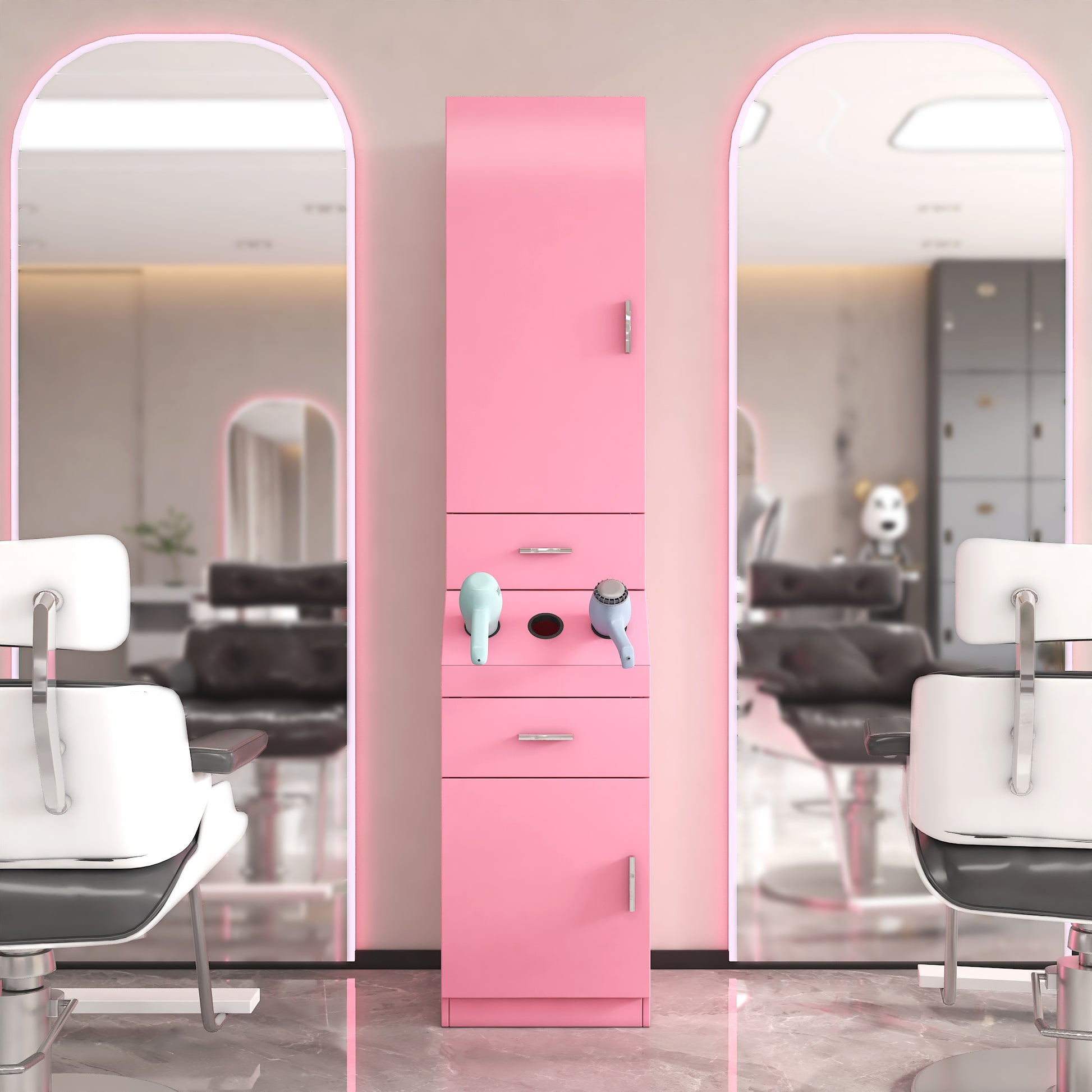 Salon Station, Barber Stations With 2 Tier Storage Shelf With Door, Hair Styling Storage Cabinet With 2 Drawer, A Large Storage Cabinet & 3 Hot Tool Holders Pink Particle Board Mdf