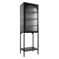 Stylish Tempered Glass High Cabinet With Arched Door Adjustable Shelves And Feet Anti Tip Dust Free Fluted Glass Kitchen Credenza Black Black Tempered Glass Sheet Metal Plastic