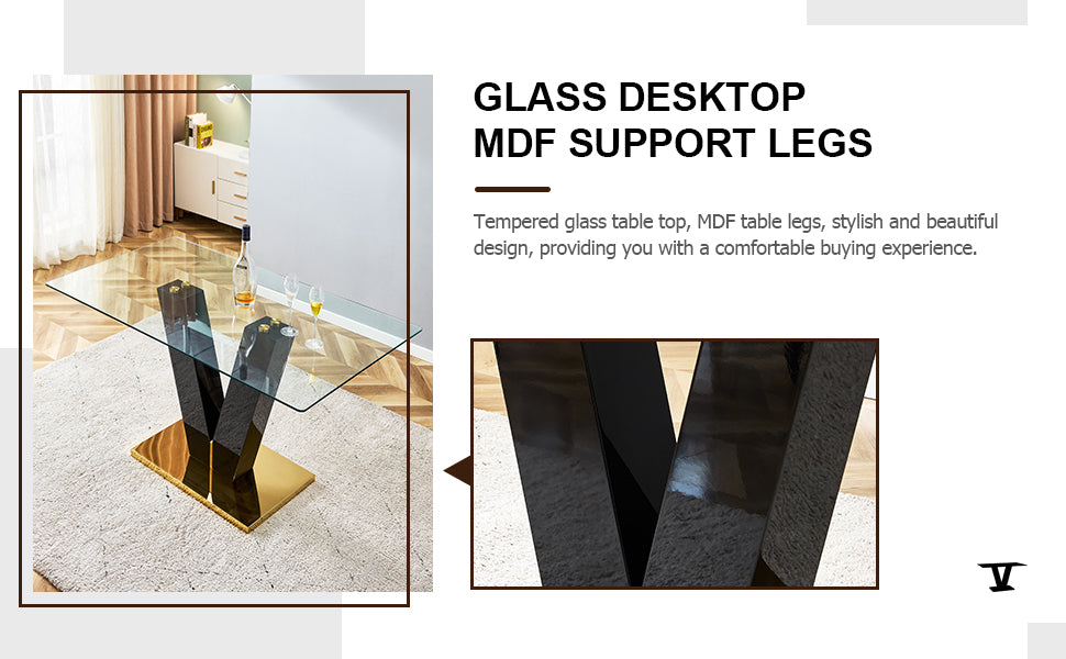 Table And Chair Set. A Rectangular Glass Dining Table With A 0.4 Inch Tempered Glass Tabletop And Mdf Board V Shaped Bracket, Paired With 2 Chairs Consisting Of Pu Seat Cushions And Silver Metal Legs. White Black Seats 2 Tempered Glass