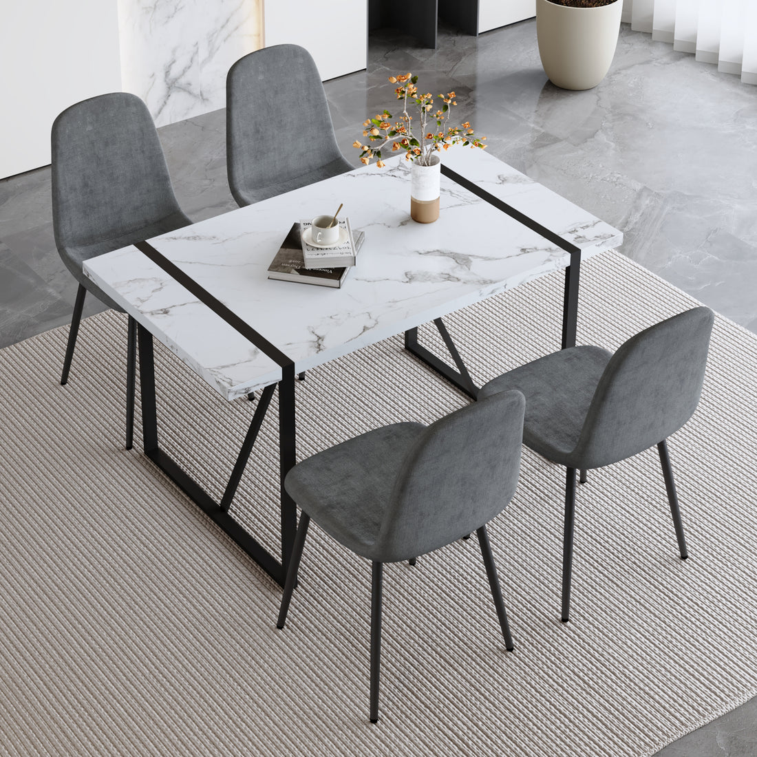 Table And Chair Set.A Modern Minimalist White Marble Veined Mdf Dining Table With Metal Frame.Paired With 4 Dark Gray Dining Chairs With Fabric Cushion And Black Metal Legs. Dark Gray,White Seats 4