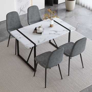 Table And Chair Set.A Modern Minimalist White Marble Veined Mdf Dining Table With Metal Frame.Paired With 4 Dark Gray Dining Chairs With Fabric Cushion And Black Metal Legs. Dark Gray,White Seats 4