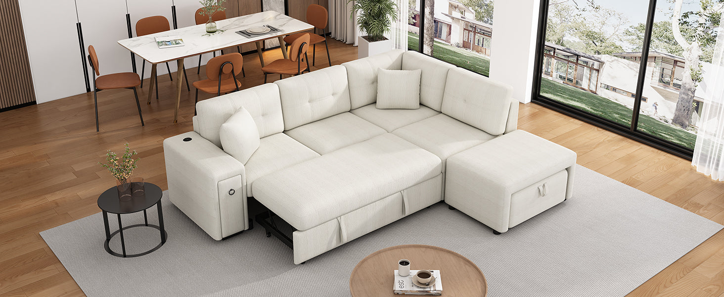 86.6" Sectional Sofa L Shaped Sofa Couch Pull Out Sofa Bed With A Movable Ottoman, Two Usb Ports And Two Cup Holders For Living Room, Beige Beige Foam Chenille 4 Seat