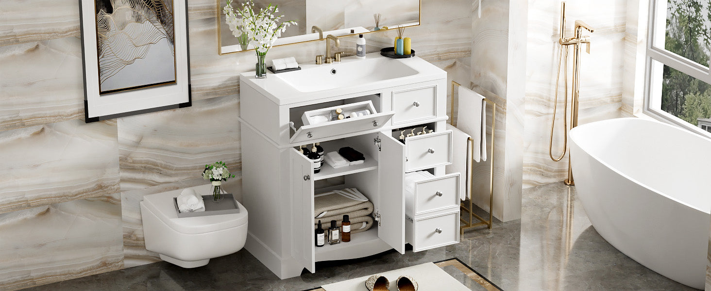 36'' Bathroom Vanity With Resin Sink Combo, Solid Wood Frame Bathroom Storage Cabinet, Freestanding Vanity Set With 3 Drawers& Adjustable Shelf White Bathroom Modern Solid Wood Mdf Resin