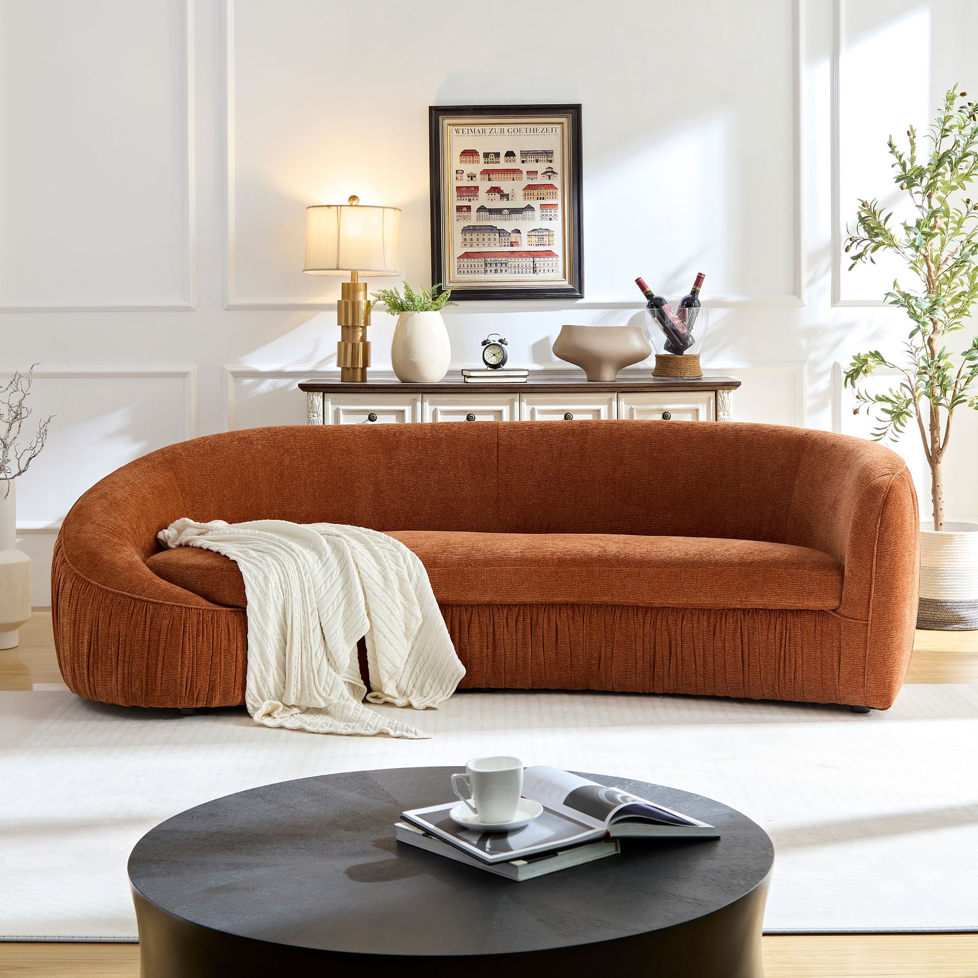 92.13 Inch Modern Design Curved Shaped Sofa Couch For Living Room,Upholstered Fabric 4 Seat Sofa No Need To Assembly Couch For Apartment,Orange Orange Polyester 4 Seat