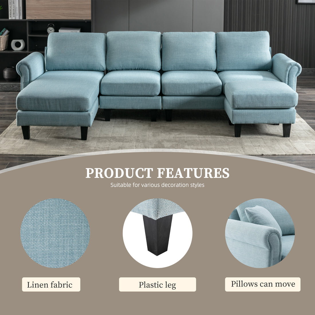 Coolmore Accent Sofa Living Room Sofa Sectional Sofa, U Shape Sectional Sofa With Ottoman, Reversible Sofa Couch For Living Room Light Blue Linen Light Blue Foam Linen 4 Seat