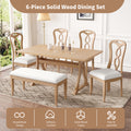 Retro 6 Piece Trestle Dining Table Set With Upholstered Dining Chairs And Dining Bench, Smooth Dining Backs For Dining Room, Living Room, Kitchen, Natural Upholstered Chair Wood Natural Beige Seats 6 Wood Dining Room Solid Wood Rubberwood Trestle