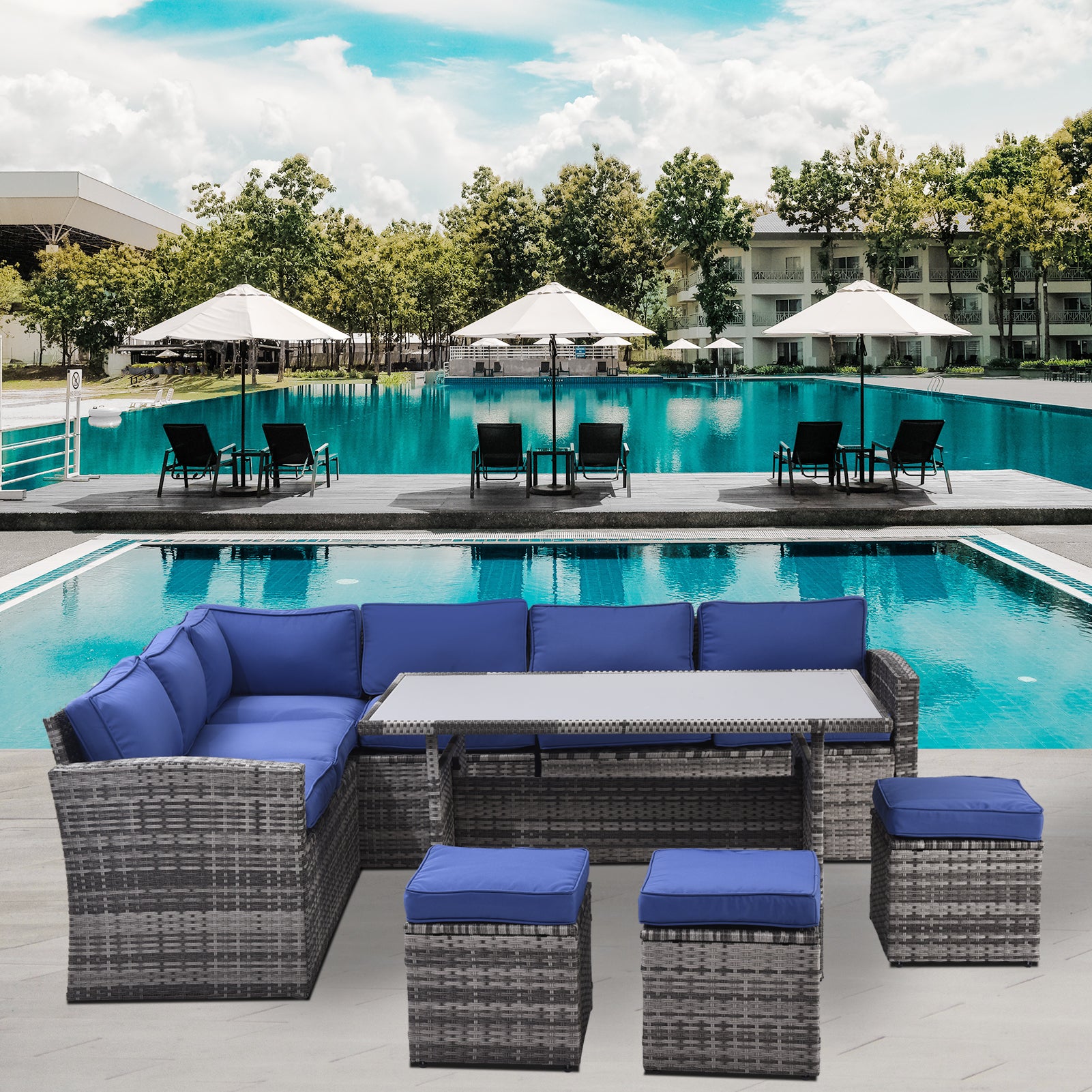 Outdoor Patio Furniture Set,7 Pieces Outdoor Sectional Conversation Sofa With Dining Table,Corner Chairs, Ottomans,All Weather Pe Rattan And Steel Frame,With Backrest And Removable Cushions Grey Blue Yes Dark Blue Weather Resistant Frame Garden & Outdoor