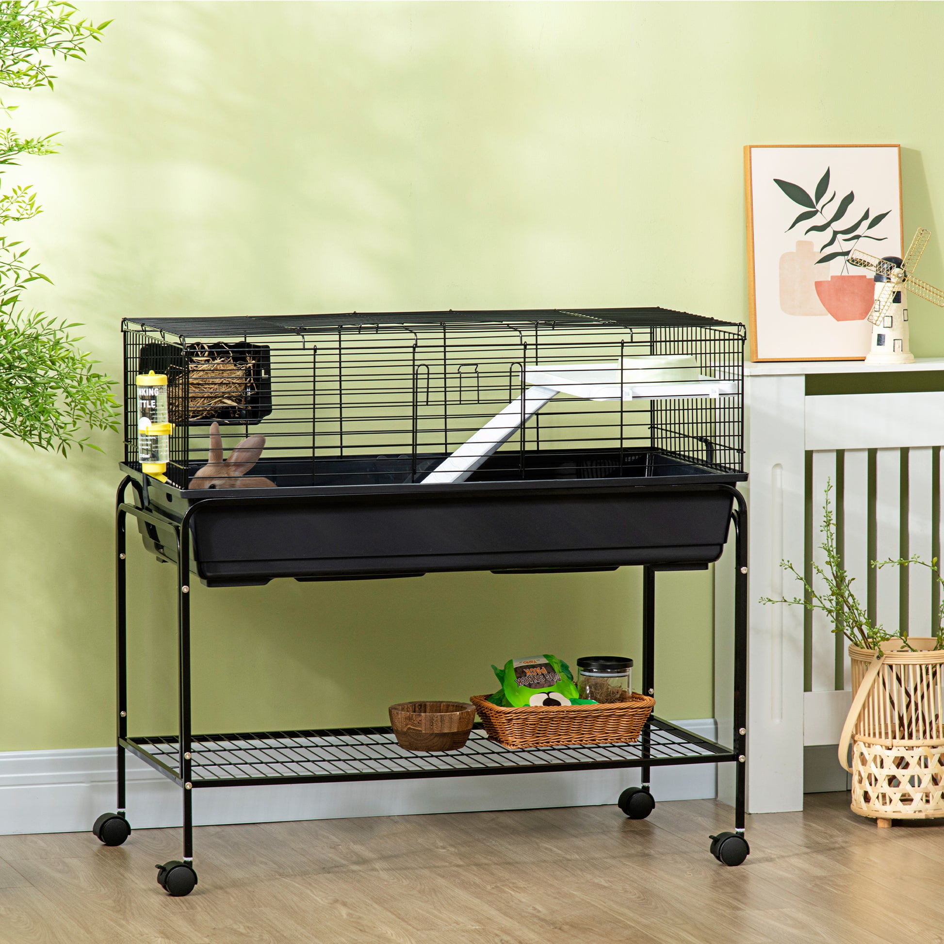 Pawhut Two Story Small Animal Cage Removable From Stand, Guinea Pig Cage, Hedgehog Cage, Chinchilla Cage, Ferret, With Shelf & Wheels, Pet Habitat, 39" X 20.5" X 36.5" Black Grey Plastic