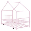 Twin Size Metal House Bed With Twin Size Trundle, Pink Twin Pink Metal