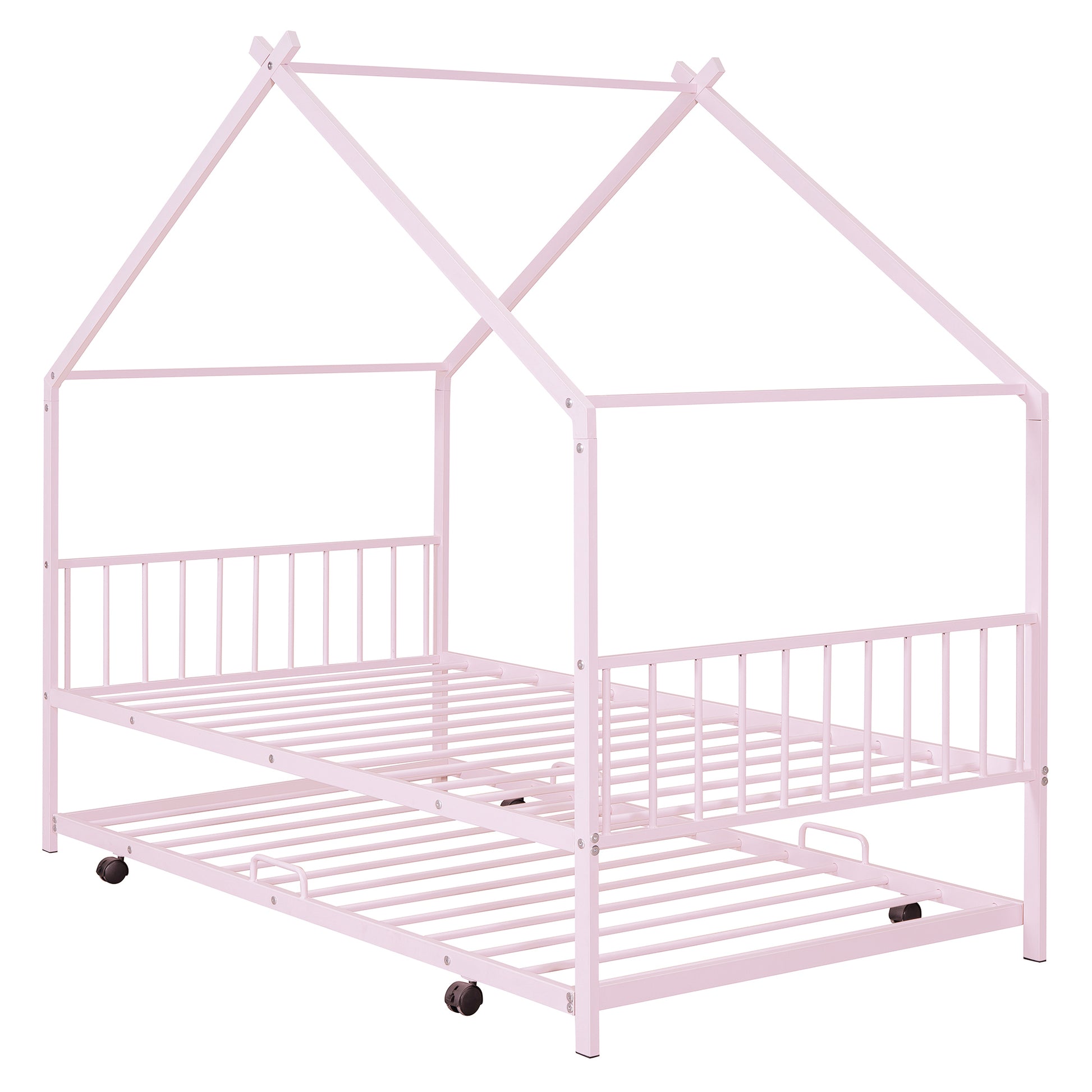 Twin Size Metal House Bed With Twin Size Trundle, Pink Twin Pink Metal