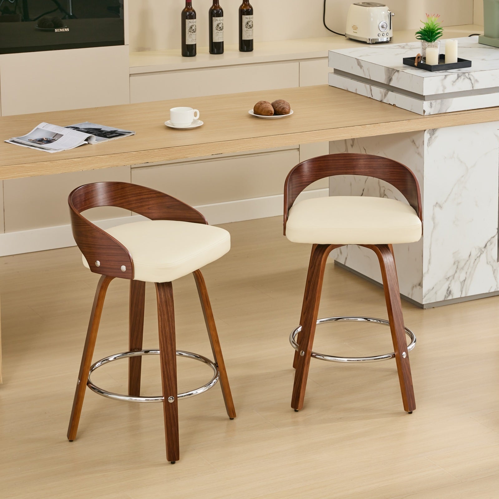 Bar Stools Set Of 2, Swivel Bar Height Stools With Low Back, Wood Bar Chairs With Soft Cushion Seat, 25 Inch Seat Height Beige, 25" Counter Height Beige Dining Room American Design,Classic Set Of 2 Foam Pu Leather