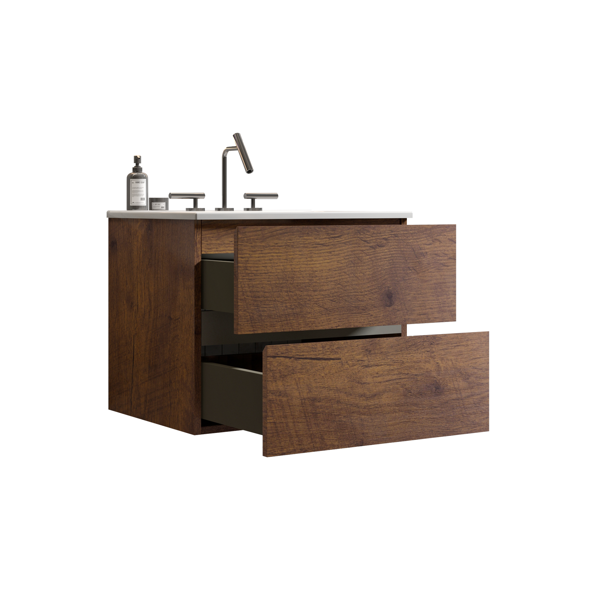 Wall Mount 24" Walnut Bathroom Vanity With Ceramic Sink With Three Faucet Holes, Large Storage Floating Bathroom Vanity For Modern Bathroom, One Piece Sink Basin Without Drain, Pre Assembled Walnut Bathroom Modern Ceramic Mdf