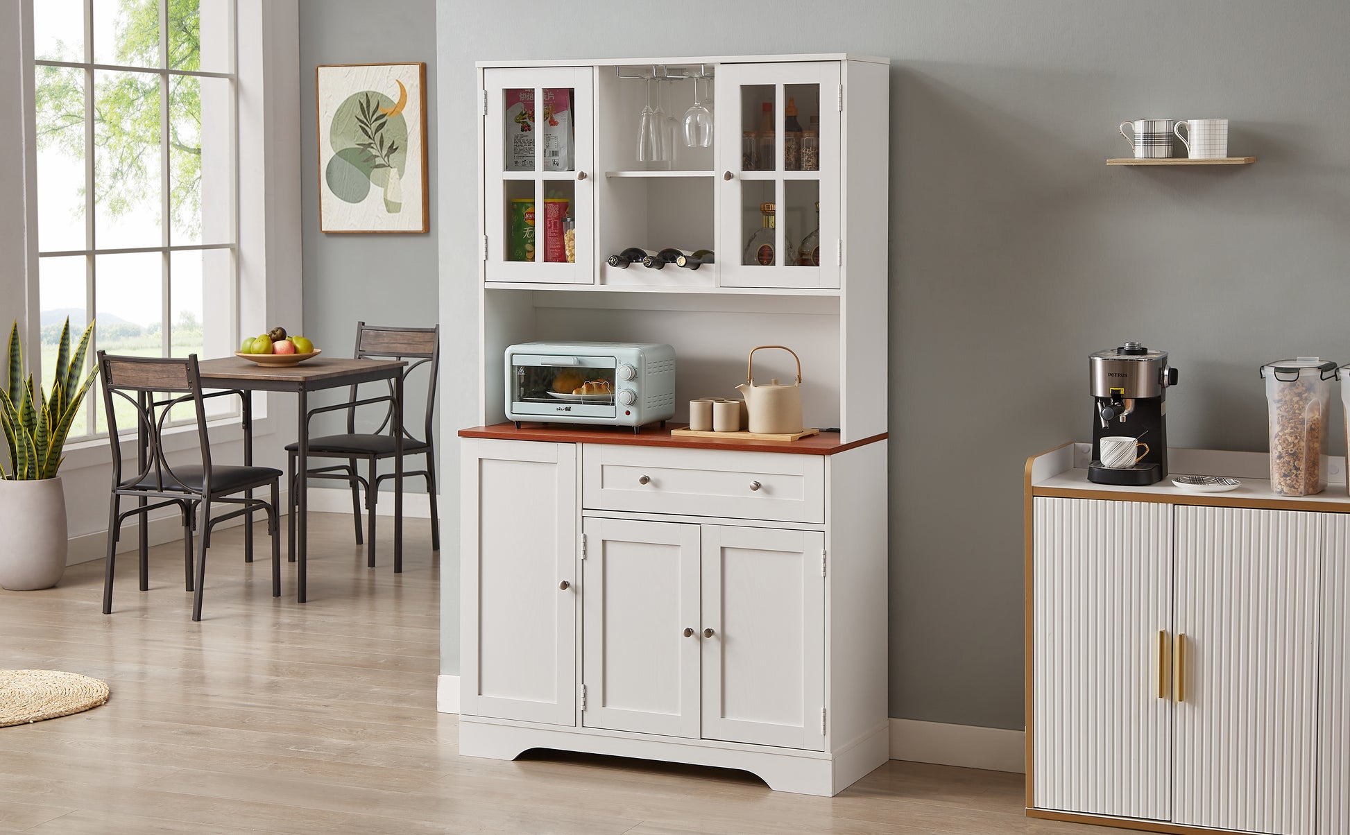 Kitchen Pantry Storage Cabinet, Modern Buffet Cabinet With Hutch, Tall Kitchen Hutch Cabinet With Microwave Stand, Food Pantry Cabinet For Dining Room, White, 39''W X 15.7''D X 68''H. White Particle Board