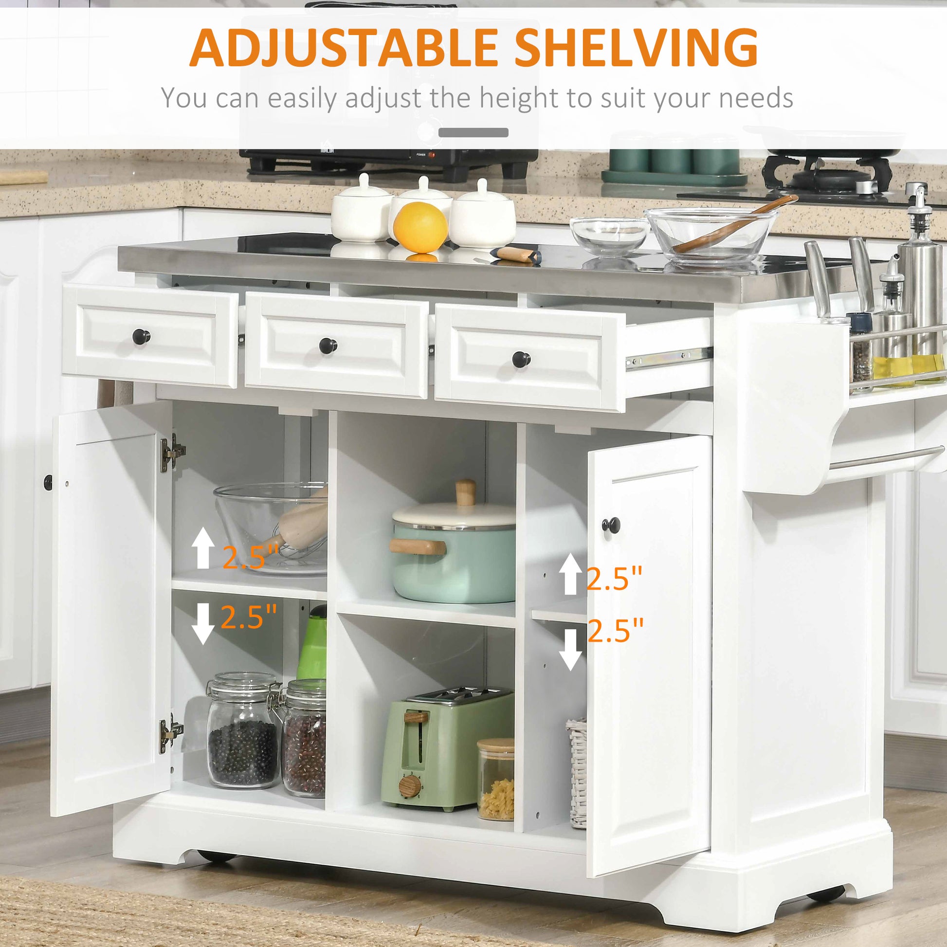 Homcom Rolling Kitchen Island With Storage, Kitchen Cart With Stainless Steel Top, Spice Rack & Drawers, White White Mdf