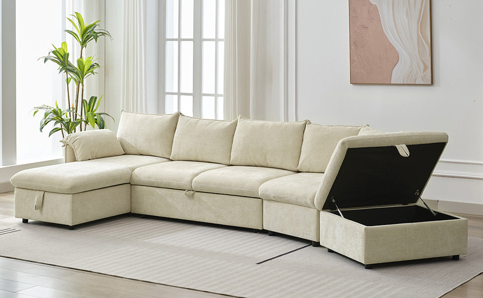 146.9" L Shaped Sofa Sectional Sofa Couch Pull Out Sofa Bed With A Movable Storage Ottoman, A Storage Chaise Lounge And Two Usb Ports For Living Room, Beige Beige Foam Linen 5 Seat