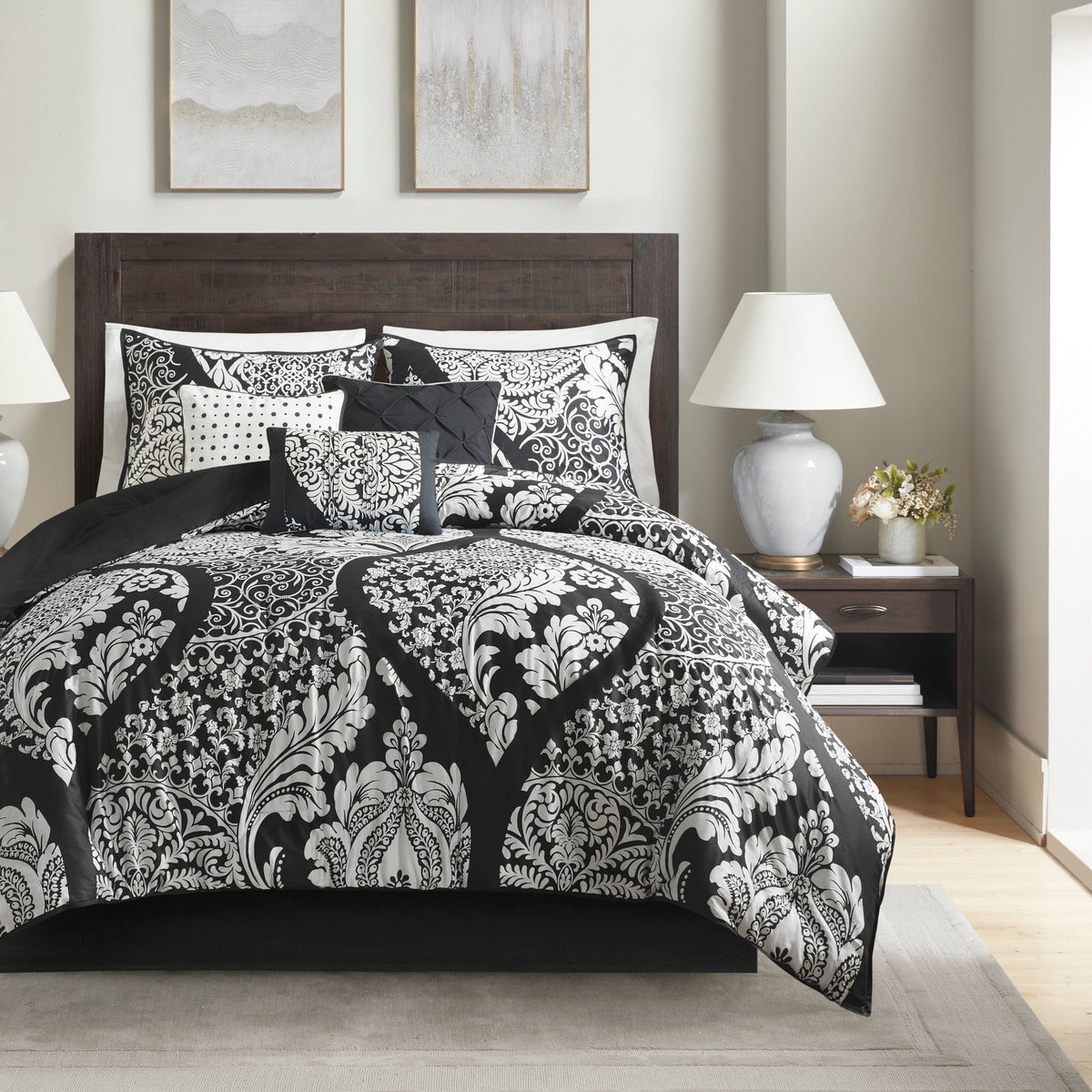 7 Piece Cotton Printed Comforter Set Black King King Black Polyester