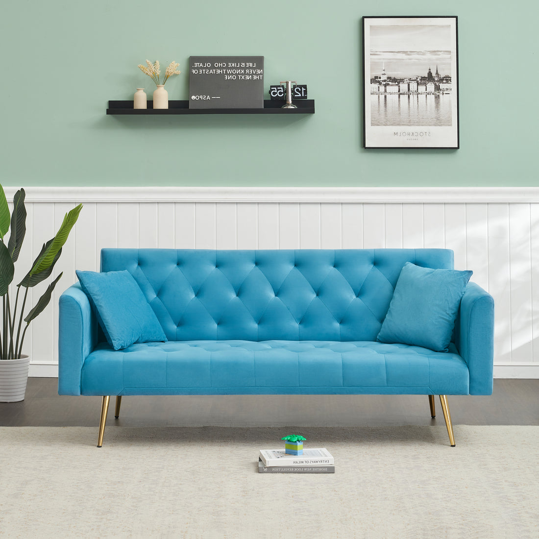 71 Inch Convertibleseat Sofa, American Retro, Light Blue Velvet, Suitable For Small Living Room, Bedroom, Office Light Blue Velvet 2 Seat