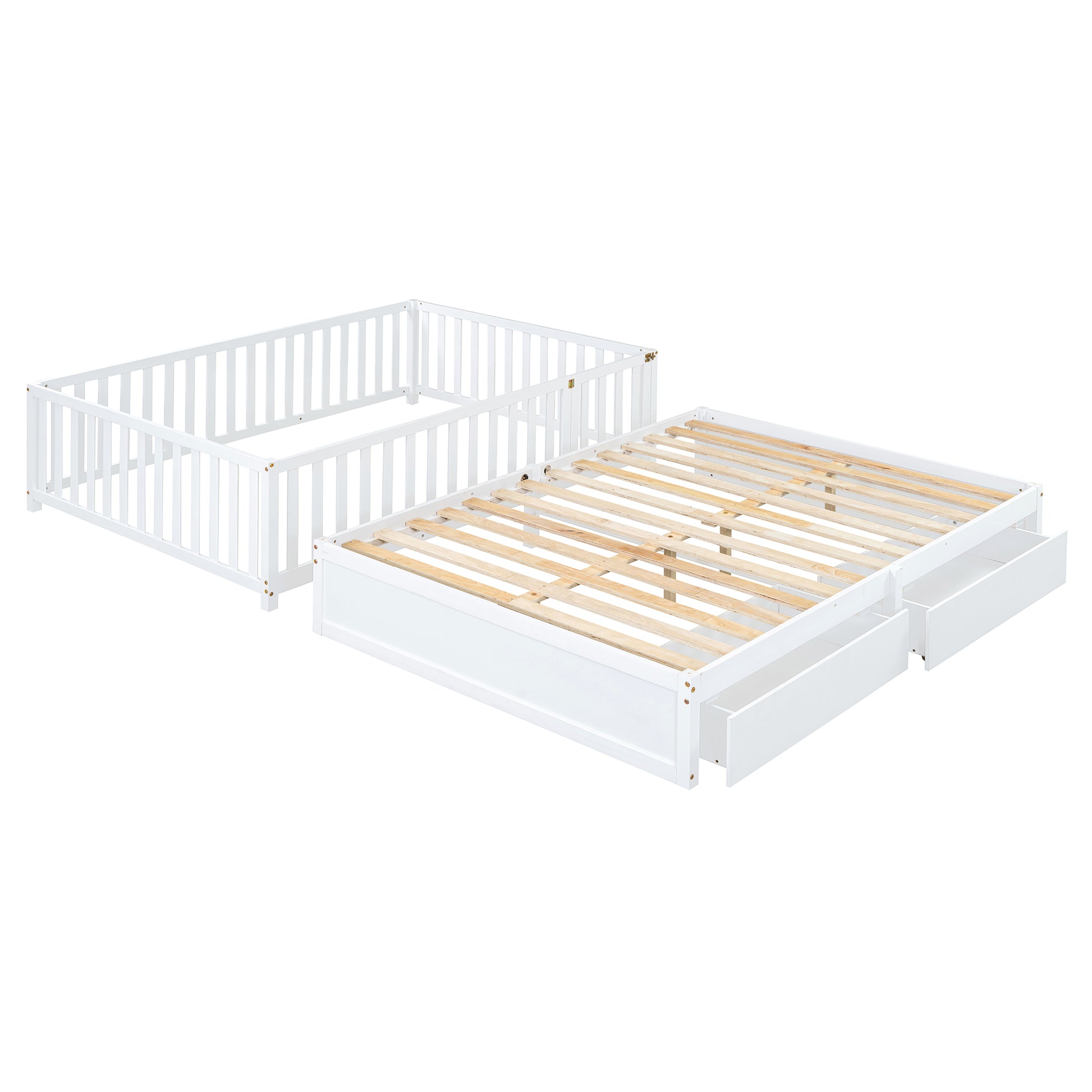 Full Size Wood Daybed With Fence Guardrails And 2 Drawers, Split Into Independent Floor Bed & Daybed, White Old Sku :Lp000882Aak Full White Solid Wood Mdf