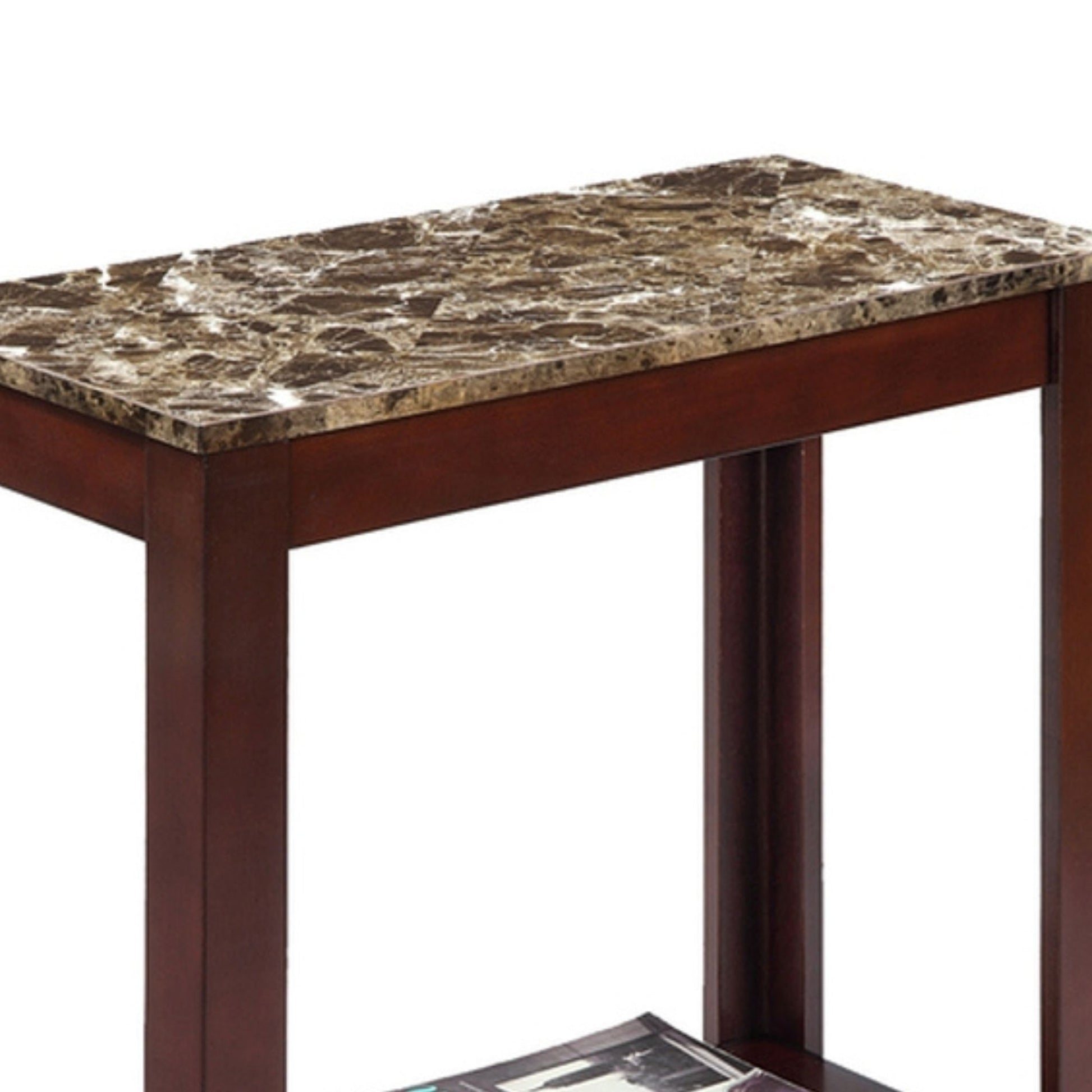 24" Tall Wooden End Table With Dark Cherry Finish And Marble Print Top Multicolor Wood