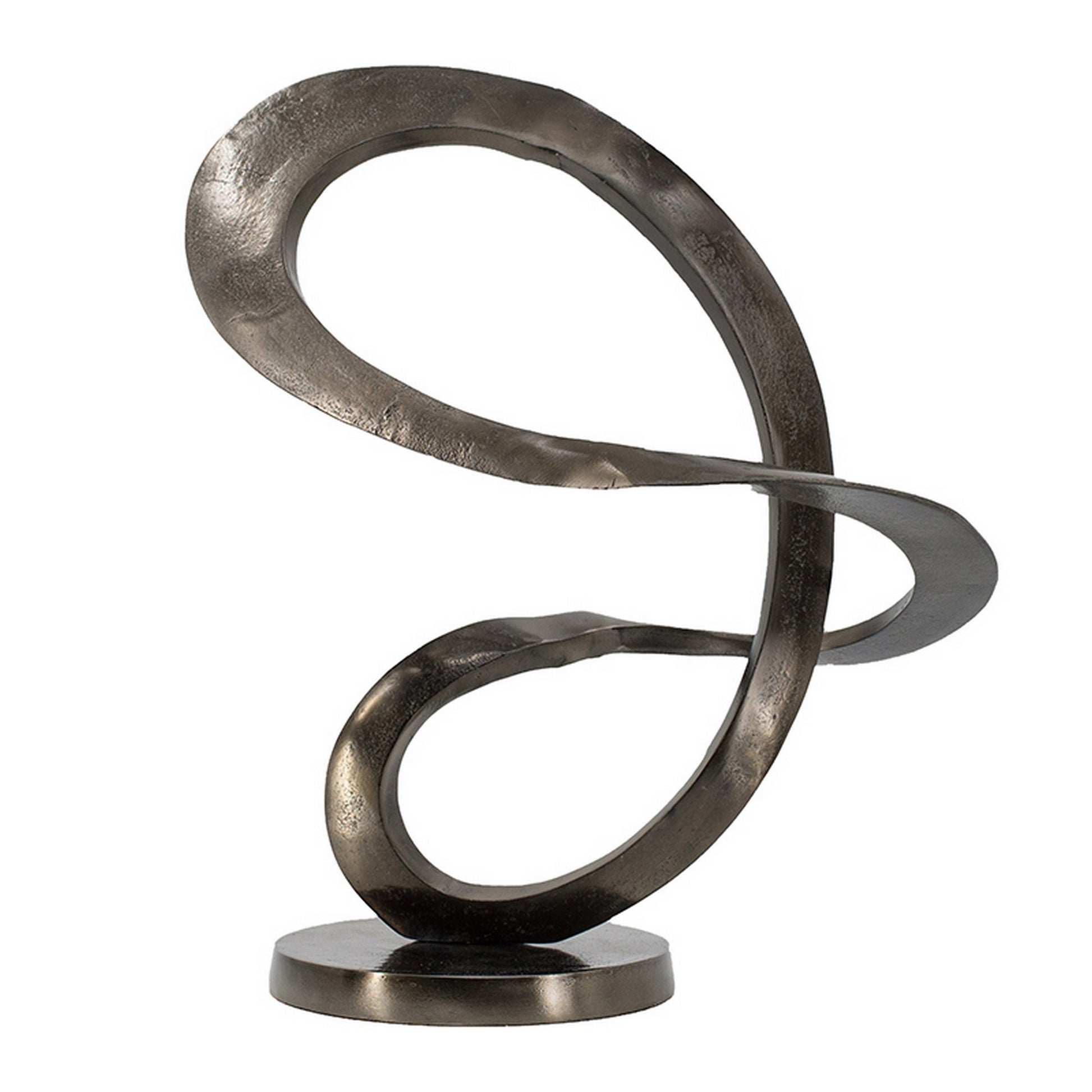 17 Inch Modern Sculpture, Black Aluminum, Tabletop Decor Loop, Round Base Black Aluminum