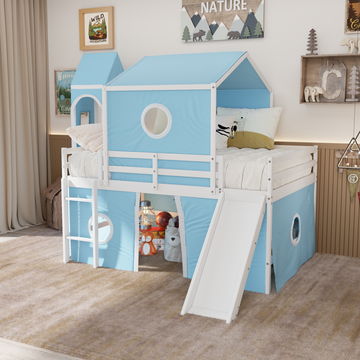 Full Size Loft Bed With Slide Pink Tent And Tower Blue Old Sku:Wf298771Aac Full Blue Solid Wood