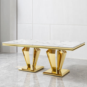 Dining Table For 6 Or 8, Rectangular 78.74" L X 39.37" W X 29.92" H Gold Polished Stainless Steel Base Mdf Marble Top Gold Seats 6 Dining Room Modern Kitchen & Dining Tables Rectangular Stainless Steel