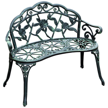 Outsunny Outdoor Bench, Cast Aluminum Outdoor Furniture, Metal Bench With Floral Rose Accent & Antique Finish, Green Green Aluminum