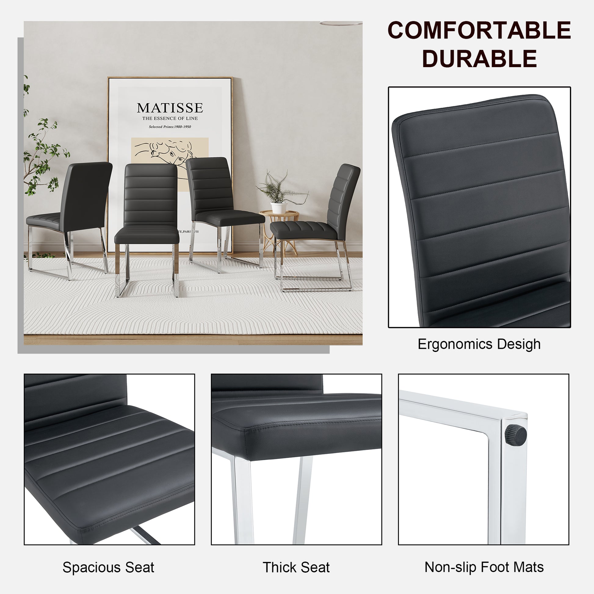 Table And Chair Set, Large Modern Rectangular Glass Table, Can Accommodate 6 8 People, Equipped With A 0.39 Inch Tempered Glass Tabletop And Mdf Table Legs.Paired With Comfortable And Soft Chairs. Black Mdf Glass