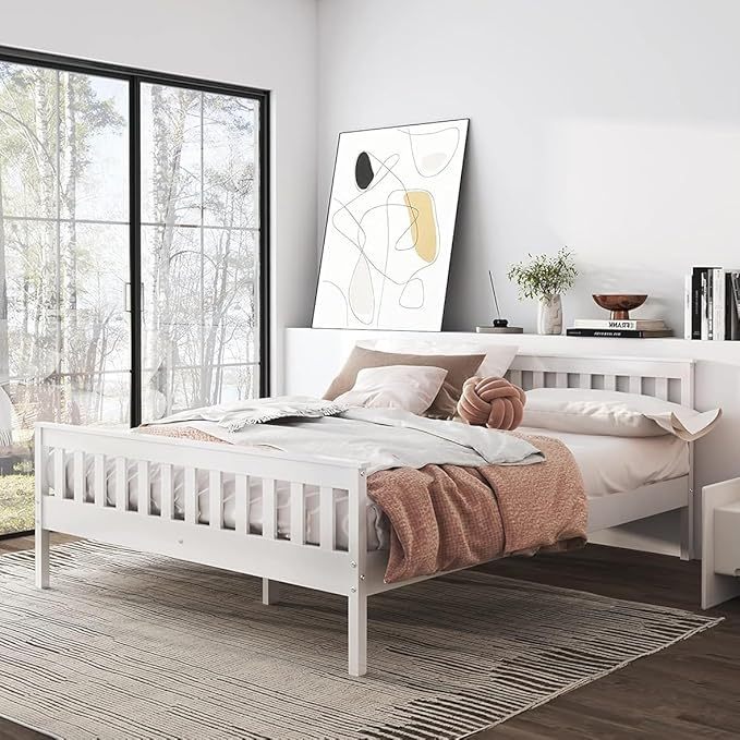 Queen Bed Frames With Headboard, Solid Wooden Platform Bed With Corner, Modern Low Profile Bed Frame, No Box Spring Needed, White Queen White Wood