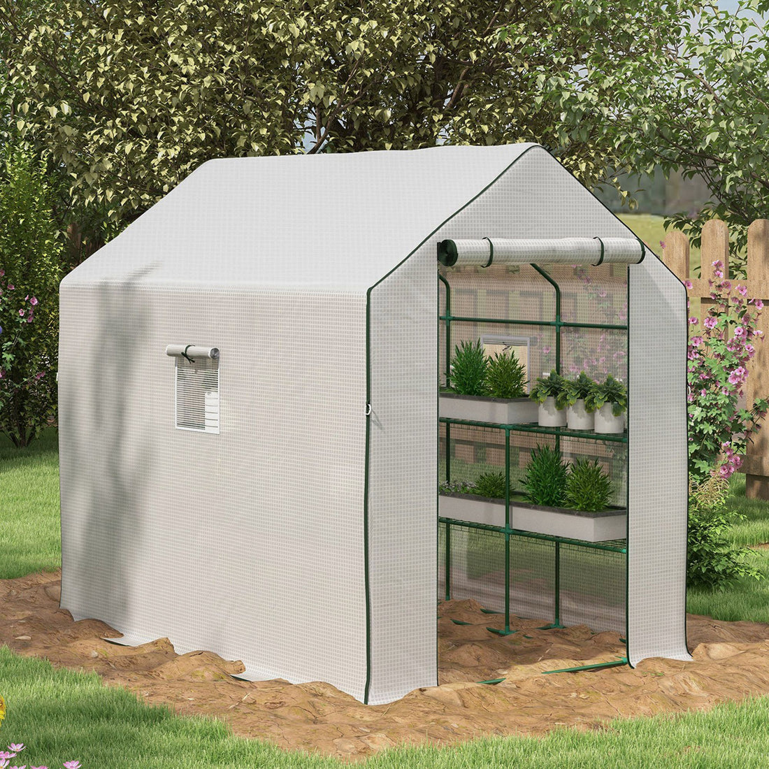 Outsunny 4.6' X 4.7' Portable Greenhouse, Water Uv Resistant Walk In Small Outdoor Greenhouse With 2 Tier U Shaped Flower Rack Shelves, Roll Up Door & Windows, White White Steel